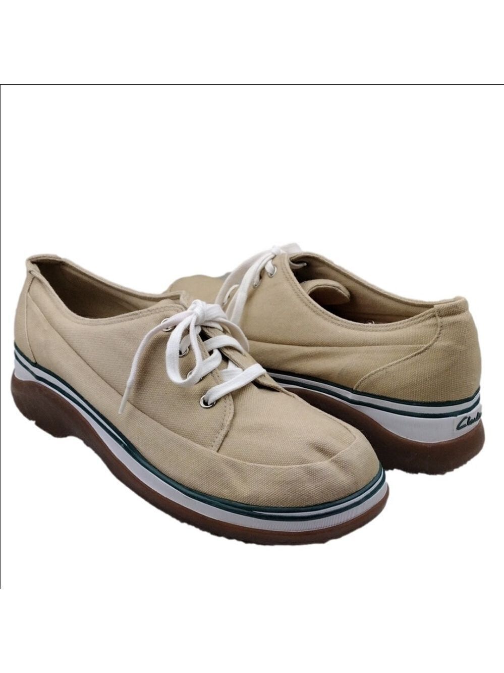 Clarks Tan Canvas Upper Low Top Lace Up Platform Heel Casual Sneaker Shoe